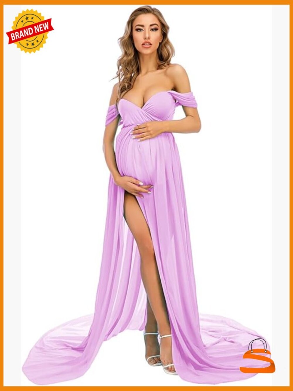 Off Shoulder Maternity Gown Split Front Sheer Chiffon Photoshoot Dress Maxi
